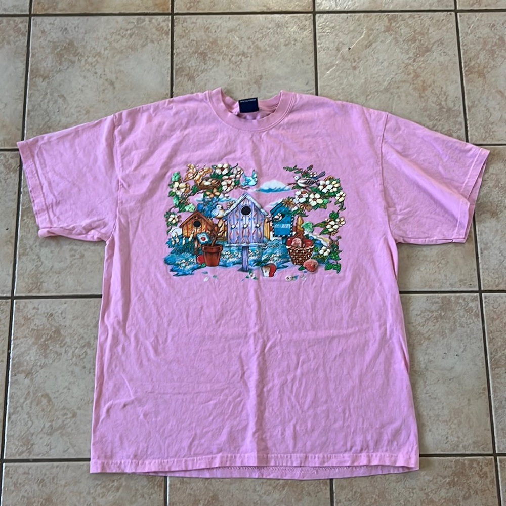 Vintage‎ Pink Spring Garden Bird Scene T-shirt, Sz L/XL